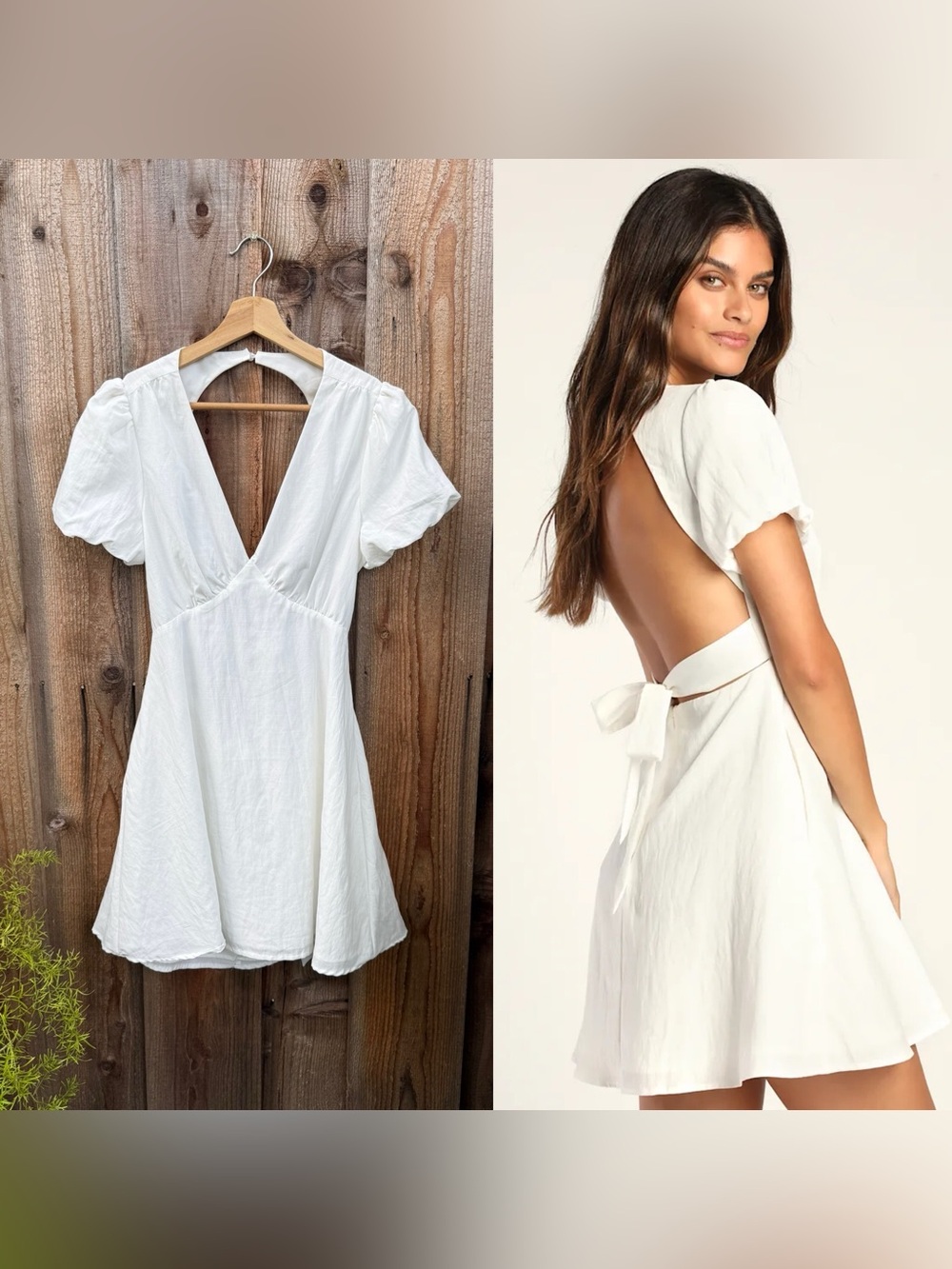 White Puff Sleeve Tie Backless Dress With Pockets 🌿